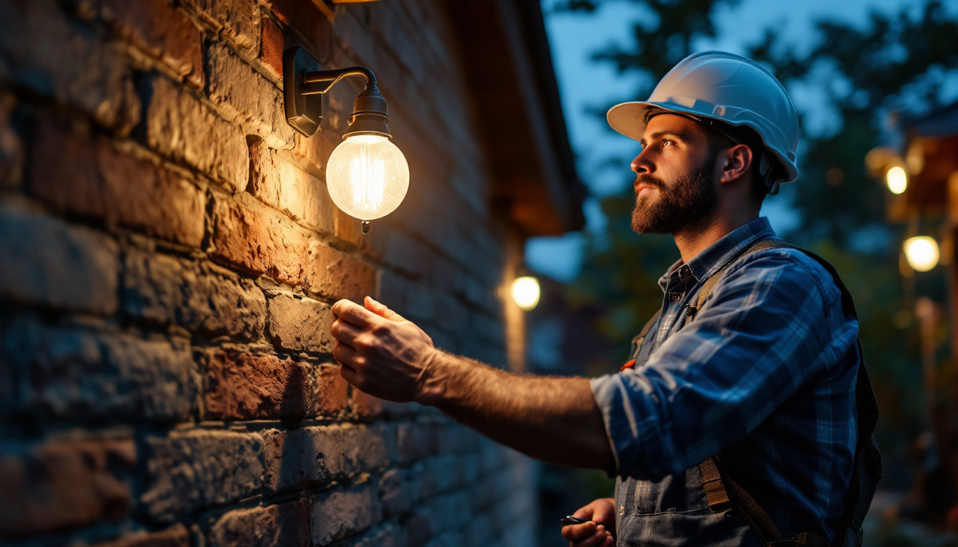 A photograph of a lighting contractor installing a solar-powered bulb in an outdoor setting
