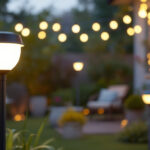 A photograph of a well-lit outdoor space showcasing various styles of volt solar lights in use