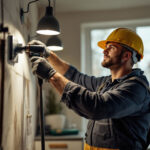 A photograph of a lighting contractor in action
