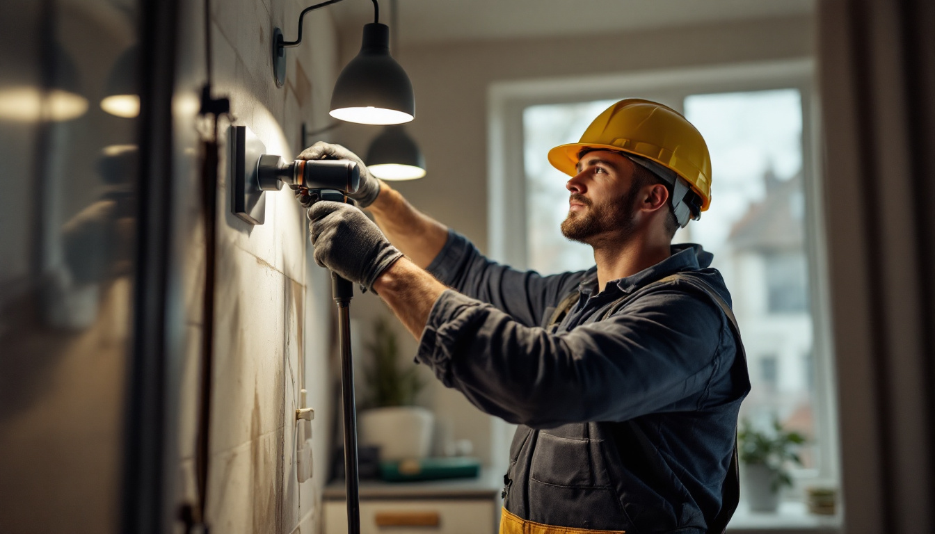 A photograph of a lighting contractor in action