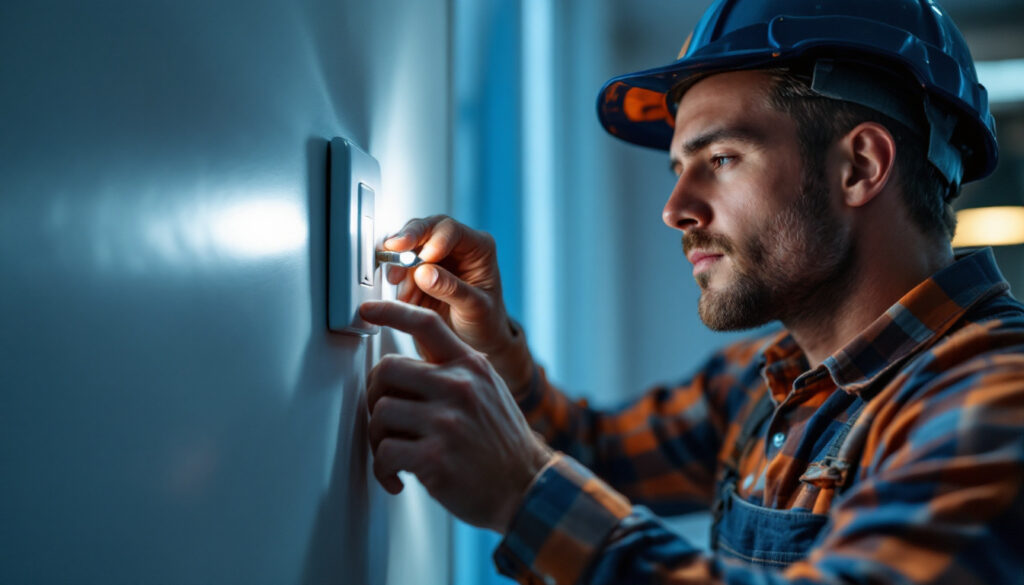 A photograph of a skilled lighting contractor expertly installing an outlet switch light in a modern