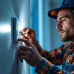 A photograph of a skilled lighting contractor expertly installing an outlet switch light in a modern