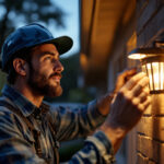 A photograph of a professional lighting contractor installing a photocell outdoor light in a residential setting