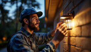 A photograph of a professional lighting contractor installing a photocell outdoor light in a residential setting