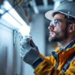A photograph of a lighting contractor inspecting or installing a fluorescent bulb in a well-lit environment