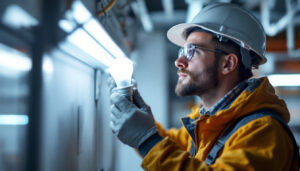 A photograph of a lighting contractor inspecting or installing a fluorescent bulb in a well-lit environment