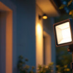 A photograph of a lighting contractor installing an outdoor led flood light in a residential or commercial setting during dusk
