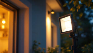 A photograph of a lighting contractor installing an outdoor led flood light in a residential or commercial setting during dusk