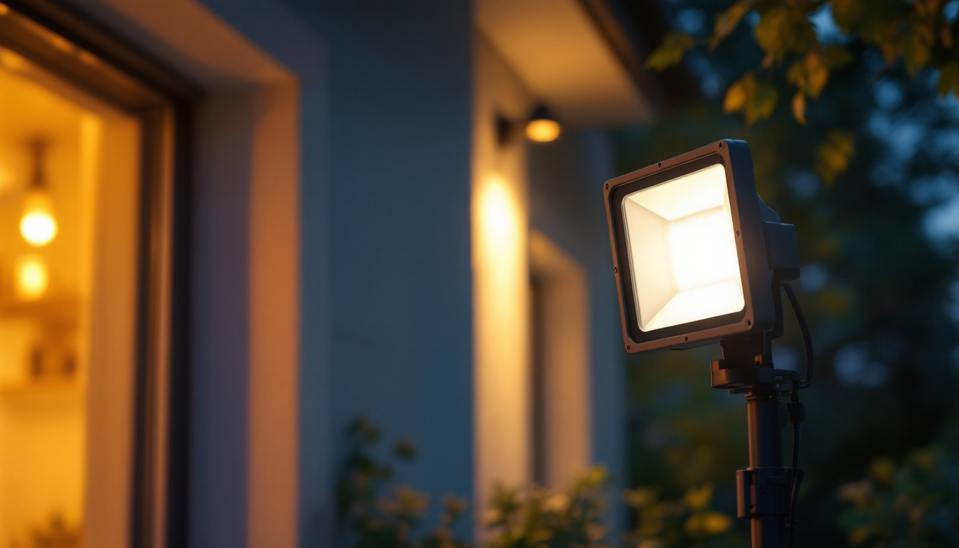 A photograph of a lighting contractor installing an outdoor led flood light in a residential or commercial setting during dusk