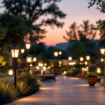 A photograph of a beautifully illuminated outdoor space featuring various styles of outdoor lamps