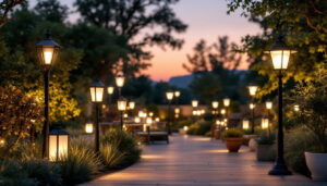 A photograph of a beautifully illuminated outdoor space featuring various styles of outdoor lamps
