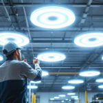 A photograph of a well-lit industrial space showcasing ufo led high bay lights installed in a ceiling