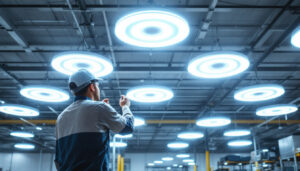 A photograph of a well-lit industrial space showcasing ufo led high bay lights installed in a ceiling