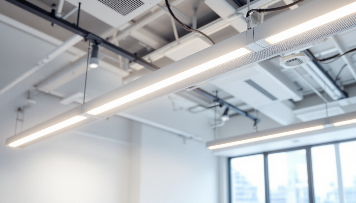 A photograph of a modern interior space featuring sleek white linear track lighting