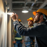 A photograph of a team of electricians or lighting professionals engaged in a hands-on training session