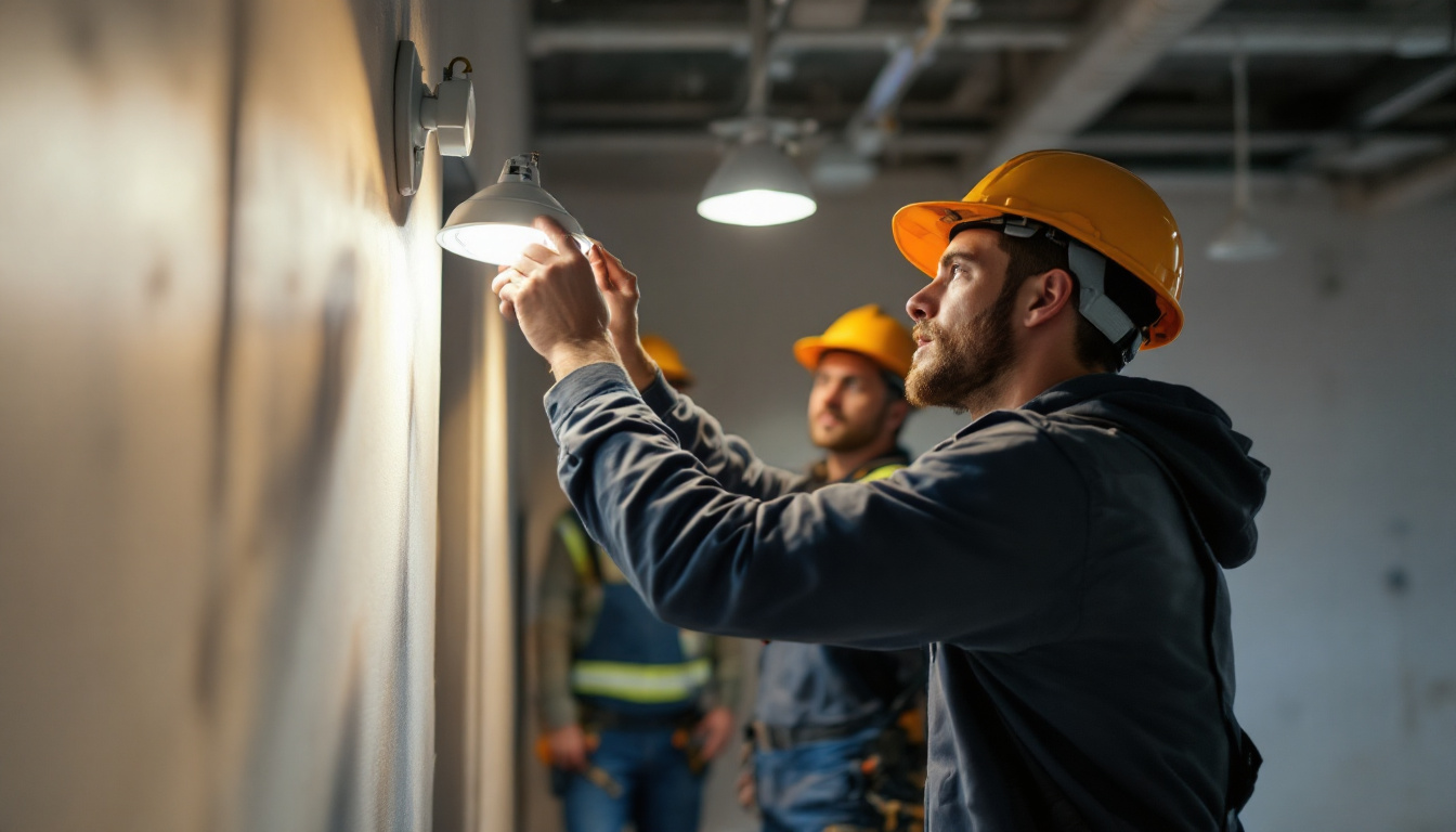 A photograph of a team of electricians or lighting professionals engaged in a hands-on training session
