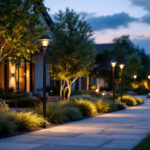 A photograph of a beautifully illuminated outdoor space featuring a variety of stylish post lights in use