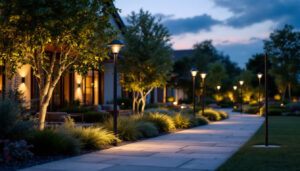 A photograph of a beautifully illuminated outdoor space featuring a variety of stylish post lights in use