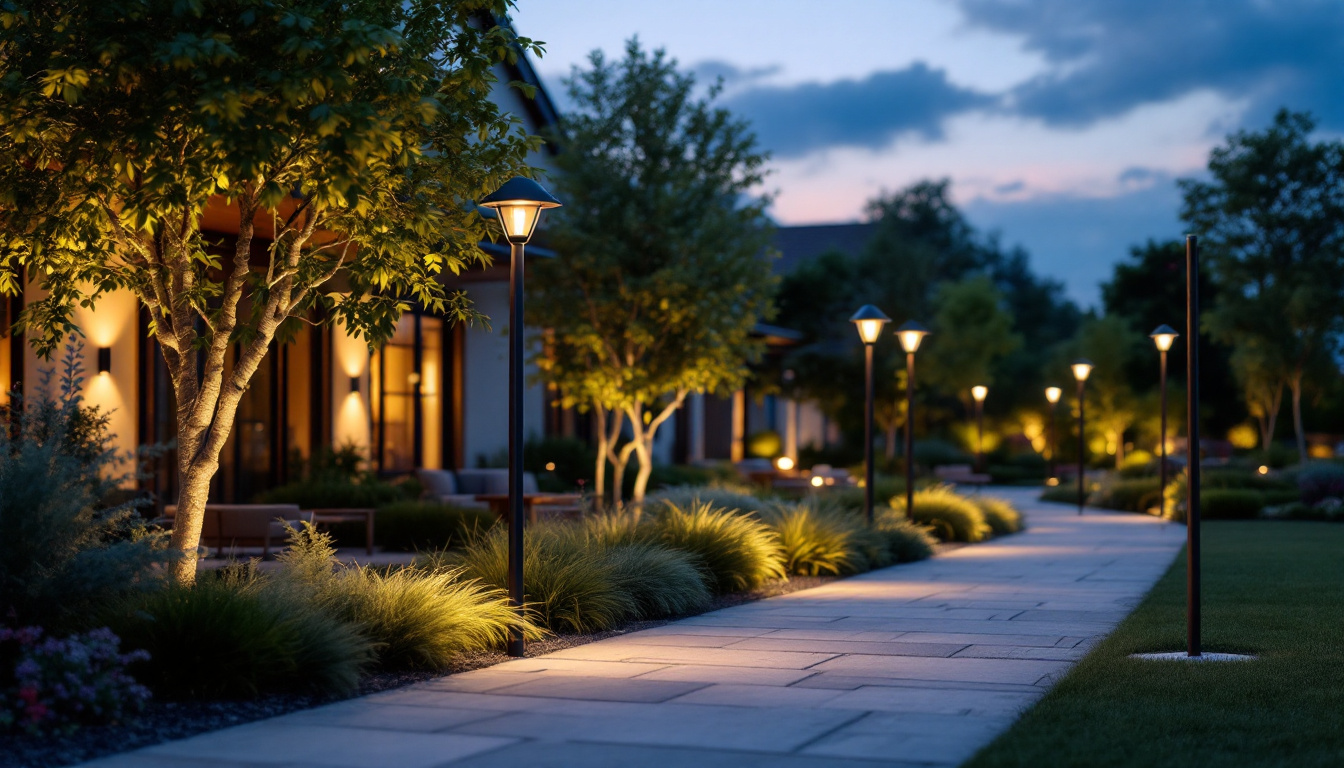 A photograph of a beautifully illuminated outdoor space featuring a variety of stylish post lights in use