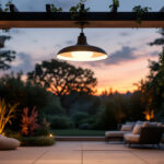 A photograph of a stylish outdoor ceiling light installed in a beautifully landscaped patio or garden setting during dusk