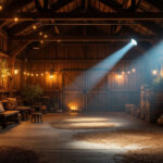 A photograph of a well-lit barn interior showcasing various led lighting setups