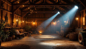 A photograph of a well-lit barn interior showcasing various led lighting setups