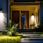 A photograph of a well-lit exterior space featuring motion sensor lights in action
