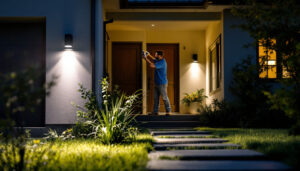 A photograph of a well-lit exterior space featuring motion sensor lights in action