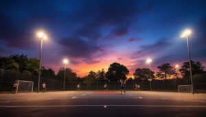 A photograph of a well-lit sport court at dusk