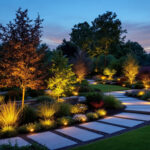 A photograph of a beautifully illuminated outdoor landscape featuring various types of landscape lighting installations
