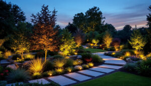 A photograph of a beautifully illuminated outdoor landscape featuring various types of landscape lighting installations