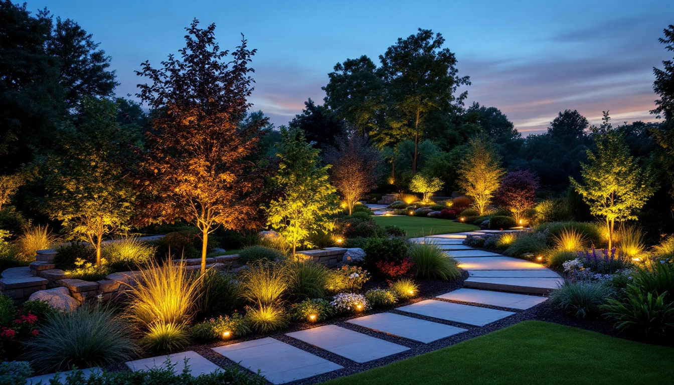 A photograph of a beautifully illuminated outdoor landscape featuring various types of landscape lighting installations