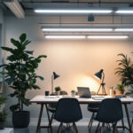 A photograph of a well-lit workspace featuring 8 ft fluorescent lamps in use