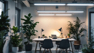 A photograph of a well-lit workspace featuring 8 ft fluorescent lamps in use