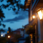 A photograph of a solar sign light illuminating a business or property at dusk