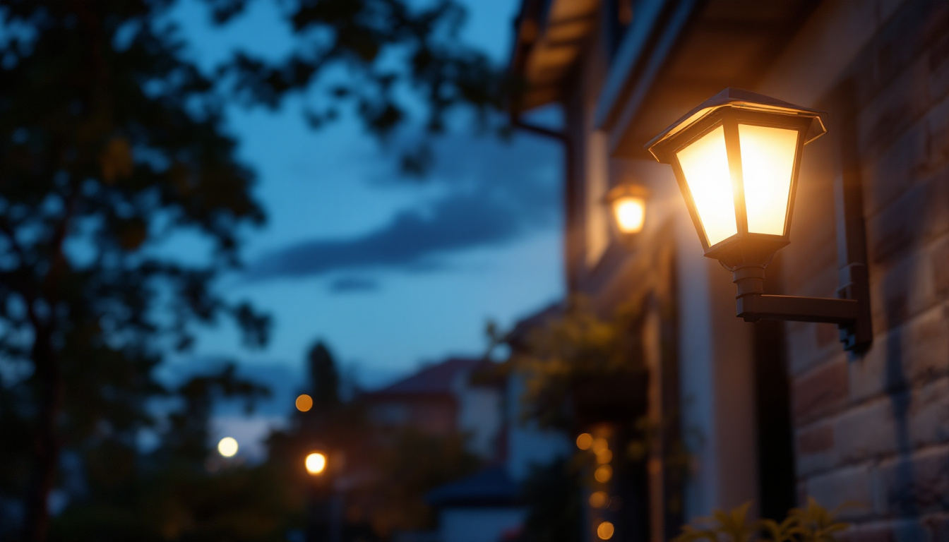 A photograph of a solar sign light illuminating a business or property at dusk