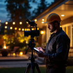 A photograph of a lighting contractor inspecting a well-lit outdoor space at dusk