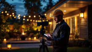A photograph of a lighting contractor inspecting a well-lit outdoor space at dusk