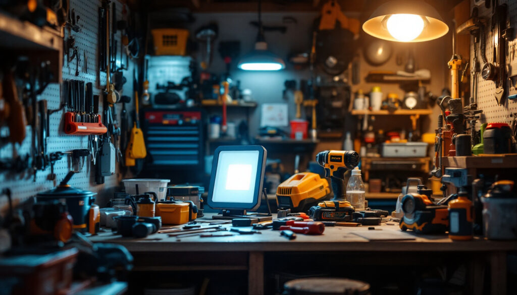 A photograph of a well-lit garage workspace showcasing a variety of tools and equipment