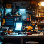 A photograph of a well-lit garage workspace showcasing a variety of tools and equipment
