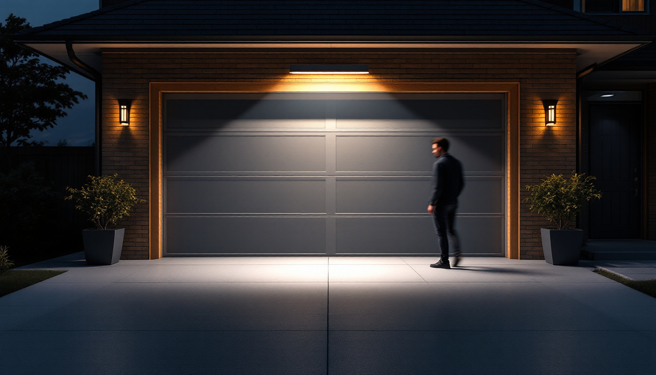 A photograph of a well-lit garage showcasing motion-activated lights in action