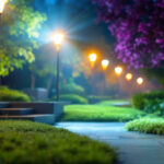 A photograph of a well-lit outdoor scene featuring various flood light fixtures in use