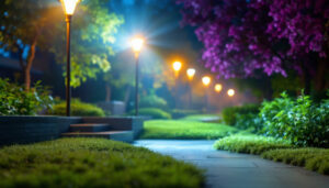 A photograph of a well-lit outdoor scene featuring various flood light fixtures in use
