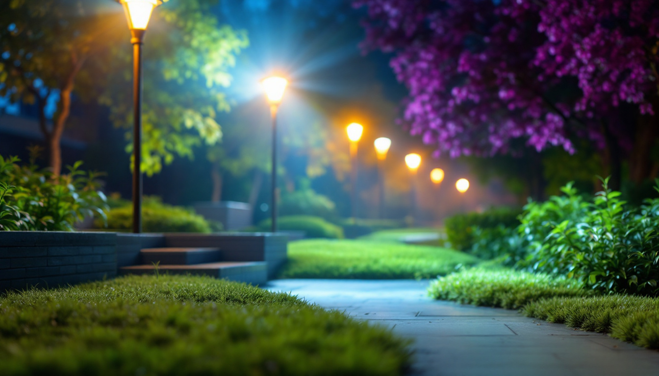 A photograph of a well-lit outdoor scene featuring various flood light fixtures in use