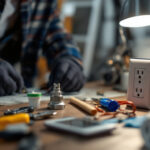 A photograph of a lighting contractor working with various types of electrical outlets in a well-lit setting