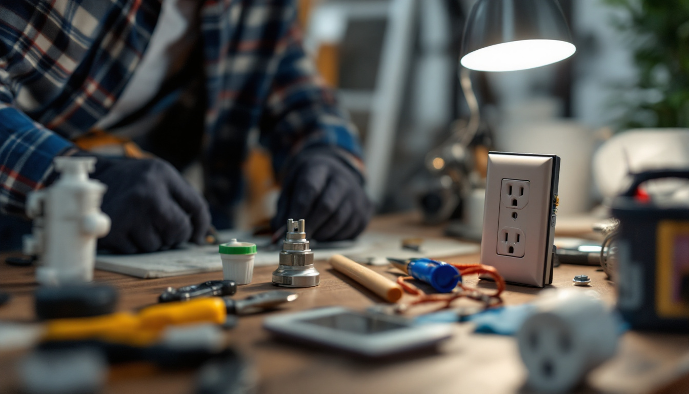 A photograph of a lighting contractor working with various types of electrical outlets in a well-lit setting