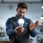 A photograph of a well-lit workspace featuring an a19 bulb in use