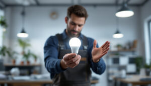 A photograph of a well-lit workspace featuring an a19 bulb in use