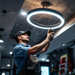 A photograph of a skilled lighting contractor installing goof rings in a stylishly designed recessed lighting setup
