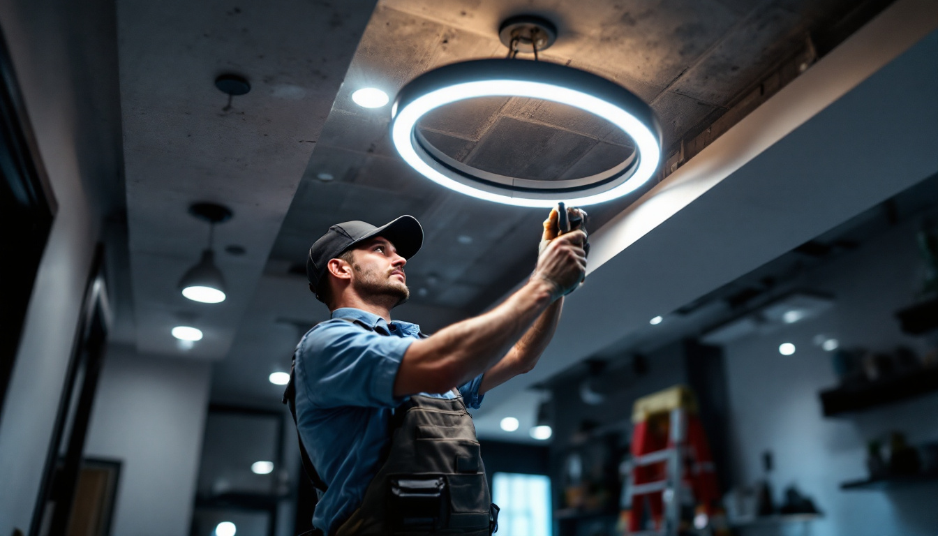 A photograph of a skilled lighting contractor installing goof rings in a stylishly designed recessed lighting setup